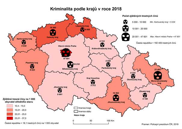 Kartogram 1: Kriminalita podle krajů v roce 2018