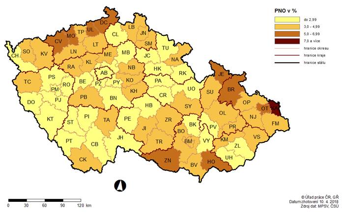 Mapa: Podíl nezaměstnaných osob (PNO) na počtu obyvatel v krajích ČR k 31. 3. 2018