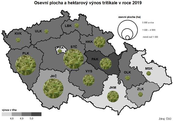 kartogram Osevní plocha a hektarový výnos tritikale v roce 2019