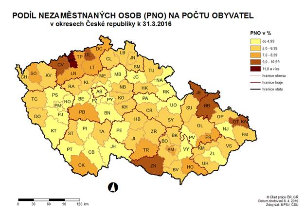 Podíl nezaměstnaných osob na počtu obyvatel v okresech ČR k 31. 3. 2016
