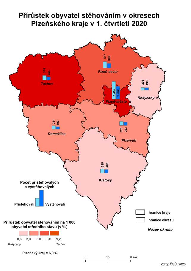 Kartogram: Přírůstek obyvatel stěhováním v okresech Plzeňského kraje v 1. čtvrtletí 2020