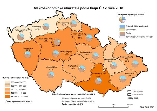 Kartogram: Makroekonomické ukazatele podle krajů ČR v roce 2018