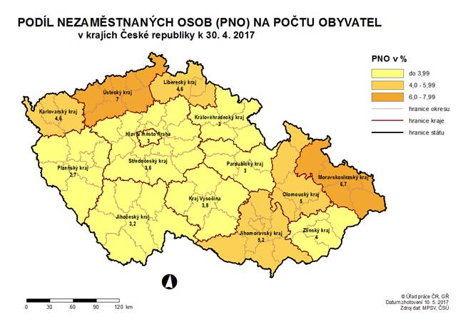 Podíl nezaměstnaných osob (PNO) na počtu obyvatel v krajích ČR k 30. 4. 2017