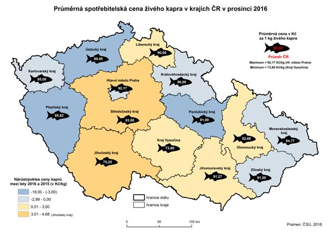 Kartogram: Průměrná spotřebitelská cena živého kapra v krajích ČR v prosinci 2016