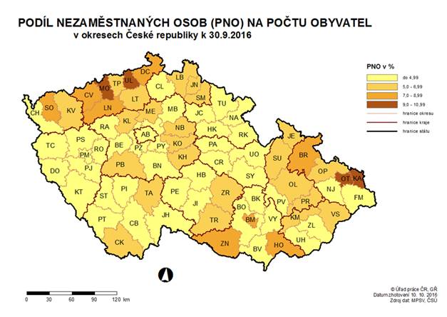 Podíl nezaměstnaných osob na počtu obyvatel v okresech ČR k 30. 9. 2016