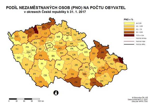 Podíl nezaměstnaných osob na počtu obyvatel v okresech ČR k 31. 1. 2017