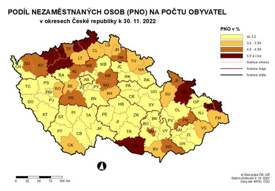 Podíl nezaměstnaných osob na počtu obyvatel v okresech ČR k 30.11.2022