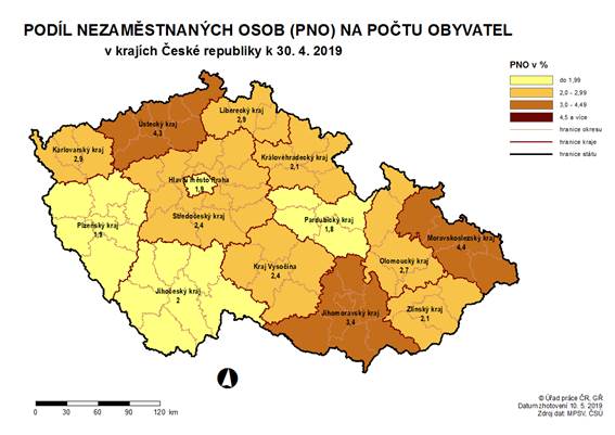 Podíl nezaměstnaných osob na počtu obyvatel v krajích ČR k 30. 4. 2019