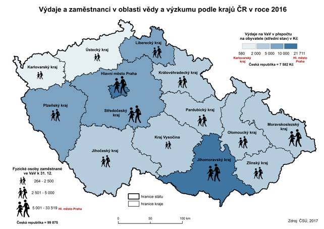 Mapa: Výdaje a zaměstnanci v oblasti vědy a výzkumu podle krajů ČR v roce 2016
