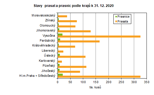 Graf: Stavy prasat a prasnic podle krajů k 31. 12. 2020