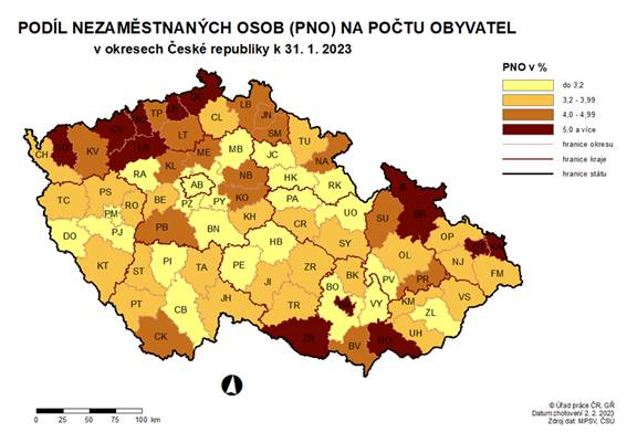 Podíl nezaměstnaných osob na počtu obyvatel v okresech ČR k 31. 1. 2023