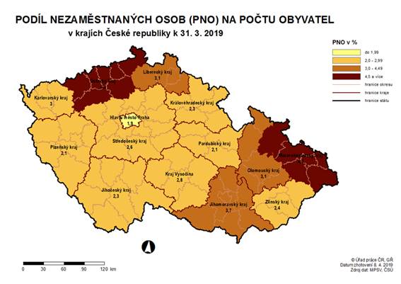 Podíl nezaměstnaných osob na počtu obyvatel v krajích ČR k 31. 3. 2019