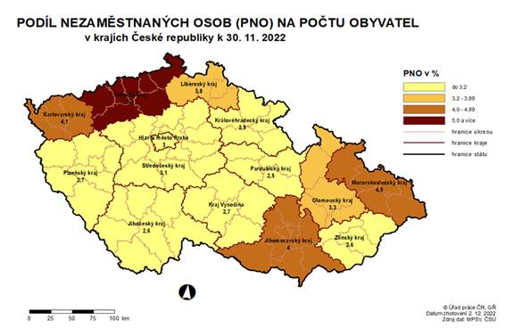 Podíl nezaměstnaných osob na počtu obyvatel v krajích ČR k 30.11.2022