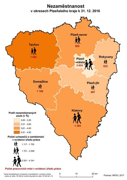 Kartogram: Nezaměstnanost v okresech Plzeňského kraje k 31. 12. 2016