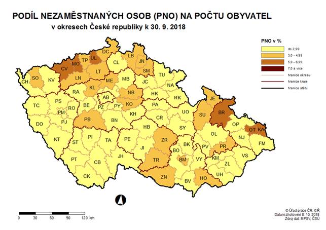 Podíl nezaměstnaných osob na počtu obyvatel v okresech ČR k 30. 9. 2018