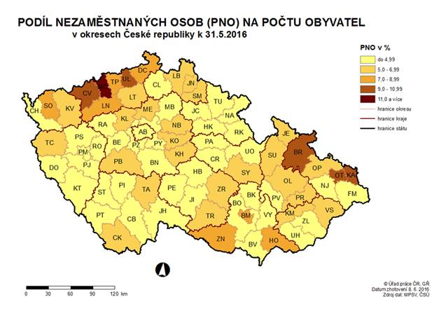 Podíl nezaměstnaných osob na počtu obyvatel v okresech ČR k 31. 5. 2016