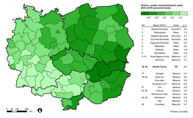 Vývoj nezaměstnanosti v regionech střední Evropy (NUTS 2); 2014–2018