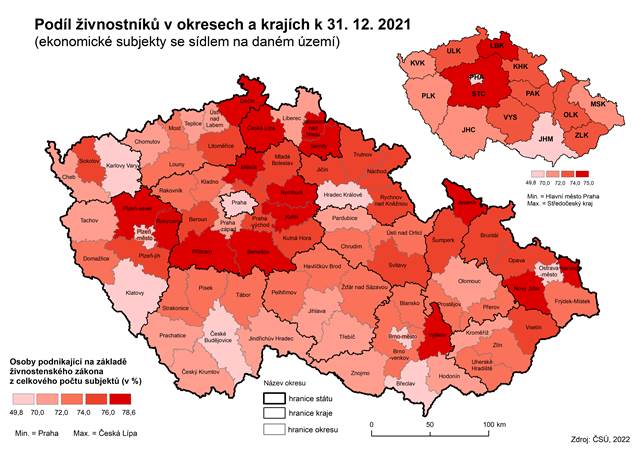 Kartogram: Podíl živnostníků v okresech a krajích k 31. 12. 2022