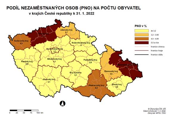 Podíl nezaměstnaných osob na počtu obyvatel v krajích ČR k 31. 1. 2022