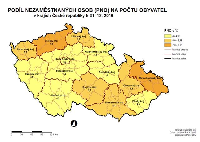 Podíl nezaměstnaných osob na počtu obyvatel v krajích ČR k 31. 12. 2016