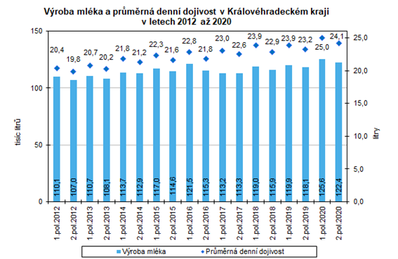 Graf: Výroba mléka a průměrná denní dojivost v HKK v letech 2012 až 2020
