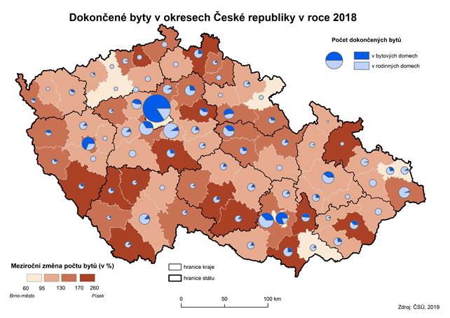 Kartogram: Dokončené byty v okresech České republiky v roce 2018
