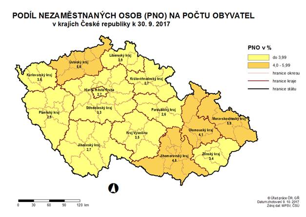 Podíl nezaměstnaných osob na počtu obyvatel v krajích ČR k 30. 9. 2017