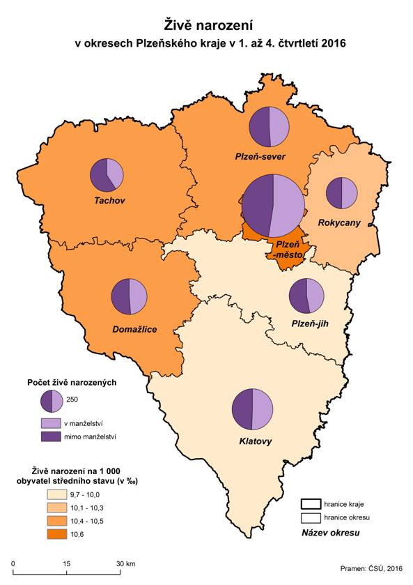 Kartogram: Živě narození v okresech Plzeňského kraje v 1. až 4. čtvrtletí 2016