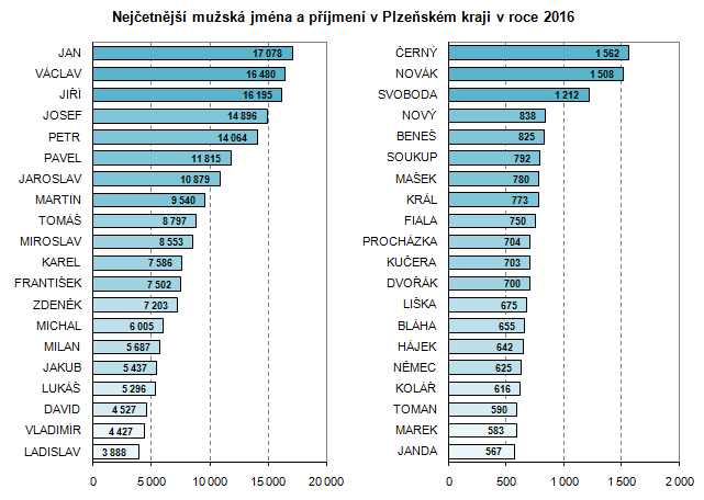 Graf: Nejčetnější mužská jména a příjmení v Plzeňském kraji v roce 2016