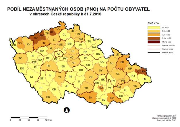 Podíl nezaměstnaných na počtu obyvatel v okresech ČR k 31. 7. 2016