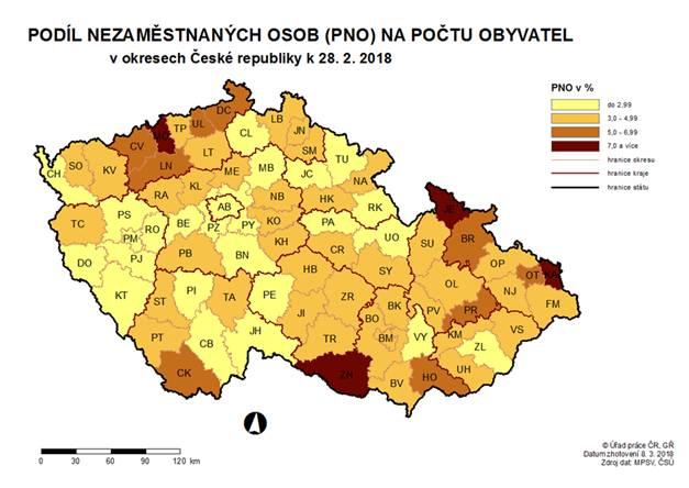 Podíl nezaměstnaných osob na počtu obyvatel v okresech ČR k 28. 2. 2018