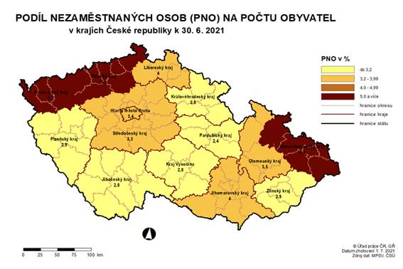 Podíl nezaměstnaných osob na počtu obyvatel v krajích ČR k 30. 6. 2021