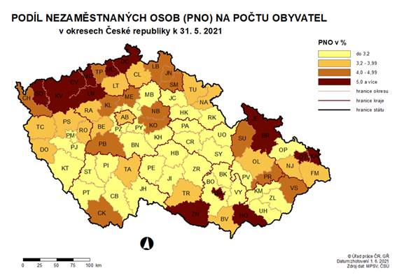 Podíl nezaměstnaných osob na počtu obyvatel v okresech ČR k 31. 5. 2021
