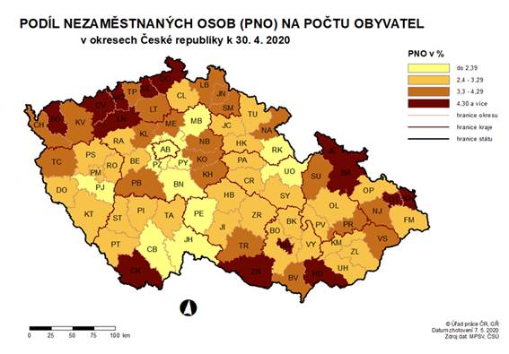 Podíl nezaměstnaných osob na počtu obyvatel v okresech ČR k 30. 4. 2020