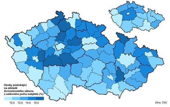 Podíl živnostníků v okresech a krajích k 31. 12. 2022 (ekonomické subjekty se sídlem na daném území)