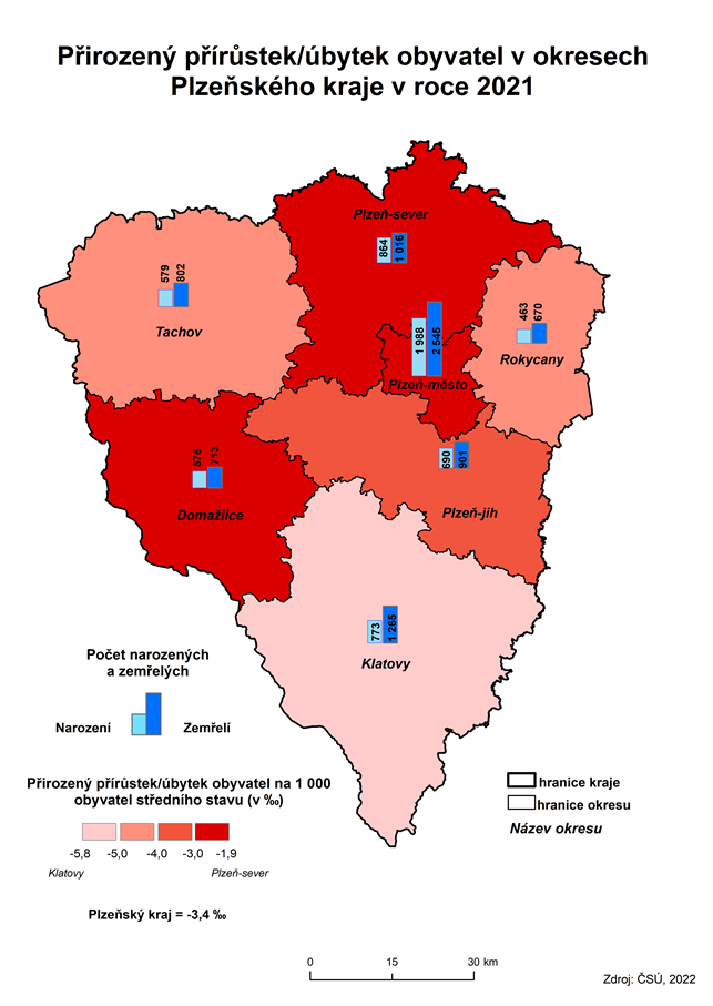 Kartogram: Přirozený přírůstek/úbytek obyvatel v okresech Plzeňského kraje v roce 2021