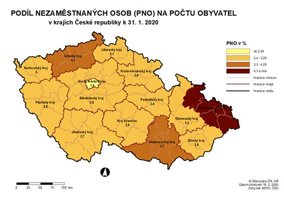 Podíl nezaměstnaných osob na počtu obyvatel v krajích ČR k 31. 1. 2020