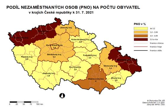 Podíl nezaměstnaných osob na počtu obyvatel v krajích ČR k 31. 7. 2021