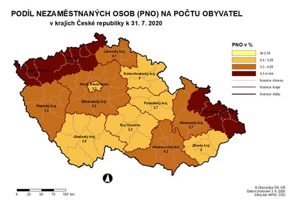 Podíl nezaměstnaných osob na počtu obyvatel v krajích ČR k 31. 7. 2020