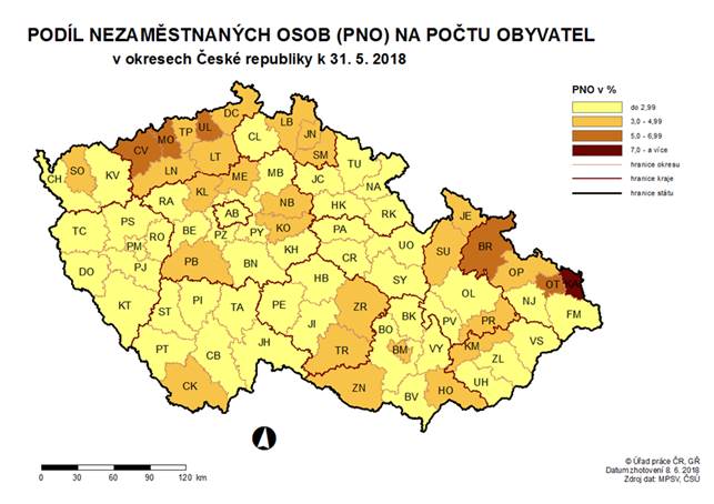 Podíl nezaměstnaných osob na počtu obyvatel v okresech ČR k 31. 5. 2018