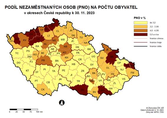 Podíl nezaměstnaných osob na počtu obyvatel v okresech ČR k 30. 11. 2023