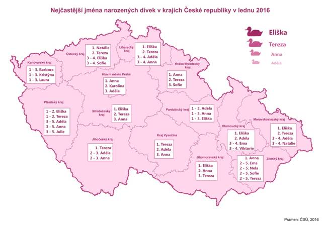 Kartogram: Nejčastější jména narozených dívek v krajích České republiky v lednu 2016
