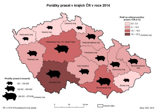 Kartodiagram: Porážky prasat v krajích ČR v roce 2014