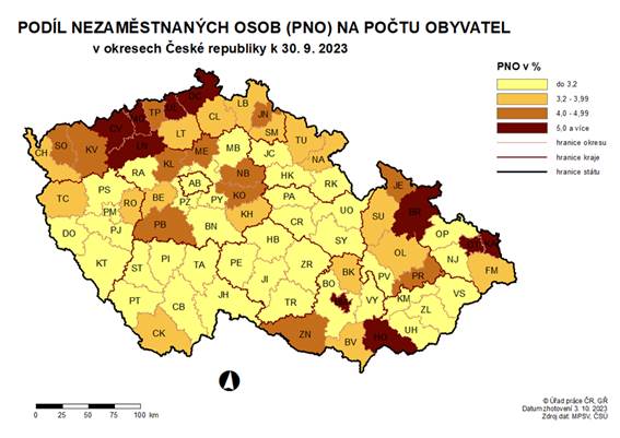 Podíl nezaměstnaných osob na počtu obyvatel v okresech ČR k 30.9.2023