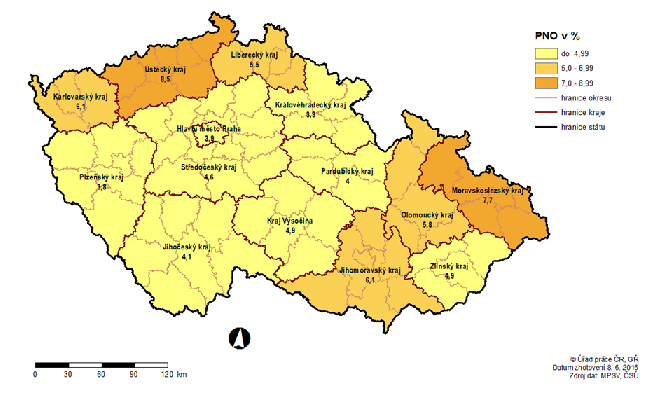 Mapa 1 Podíl nezaměstnaných osob (PNO) na počtu obyvatel v krajích ČR k 31. 5. 2016