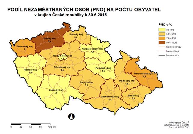 Podíl nezaměstnaných osob na počtu obyvatel v krajích ČR