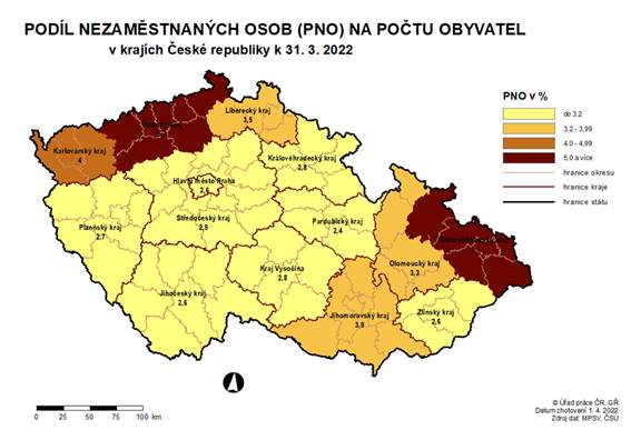 Podíl nezaměstnaných osob na počtu obyvatel v krajích ČR k 31. 3. 2022
