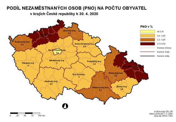 Podíl nezaměstnaných osob na počtu obyvatel v karjích ČR k 30. 4. 2020
