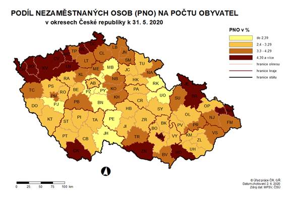 Podíl nezaměstnaných osob na počtu obyvatel v okresech ČR k 31. 5. 2020
