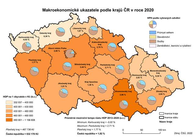 Kartogram: Makroekonomické ukazatele podle krajů ČR v roce 2020